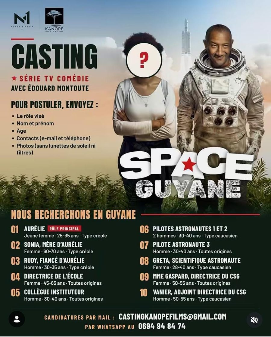 Affiche du casting de la série Space Guyane avec Édouard Montoute : dix rôles recherchés en Guyane, candidatures par e-mail ou WhatsApp