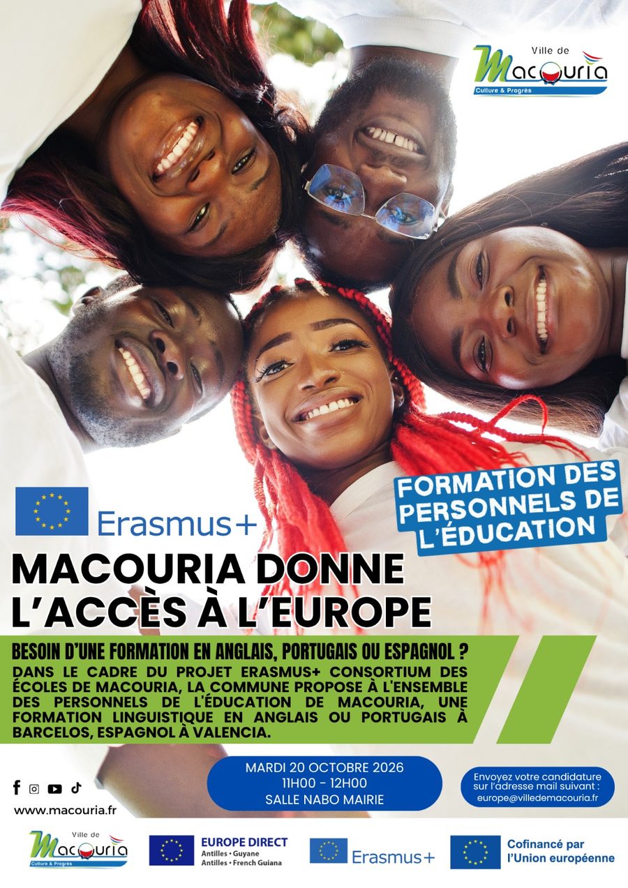 Affiche Erasmus+ « Macouria donne l'accès à l'Europe » : formation linguistique en anglais, portugais ou espagnol pour les personnels de l'éducation, réunion le mardi 20 octobre 2026 de 11 h à 12 h, salle Nabo, mairie